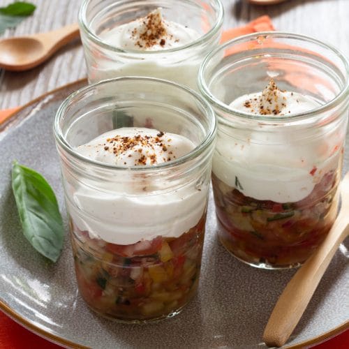 Fine ratatouille au basilic, mousse à la féta