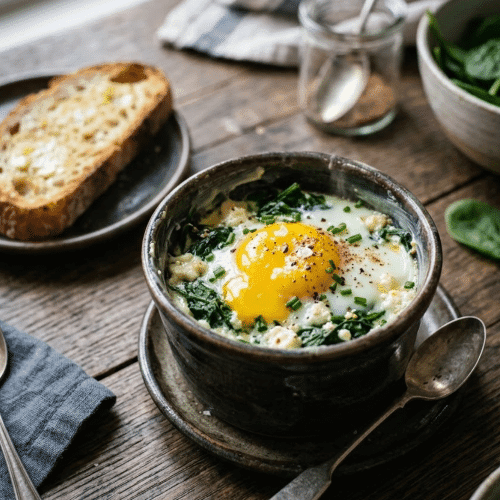 Oeufs cocotte aux épinards et féta