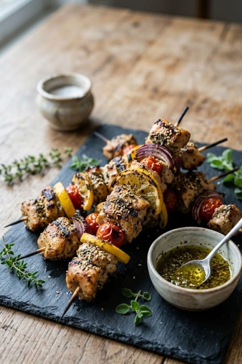 Brochettes de poulet au zaatar et citron grillés Brochettes de poulet au Zaatar