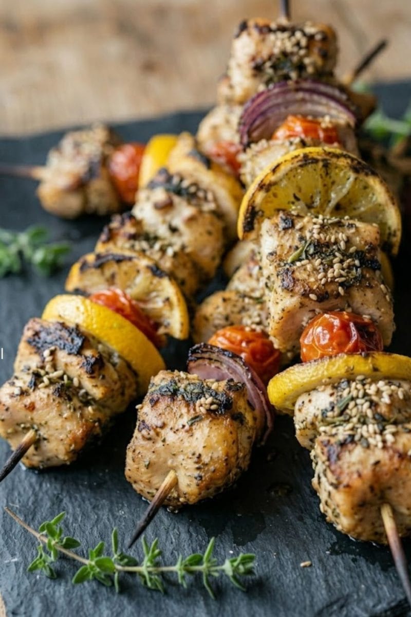 Brochettes de poulet au zaatar et citron grillés Brochettes de poulet au Zaatar