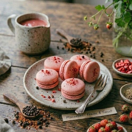 Macarons à la fraise et poivre timut