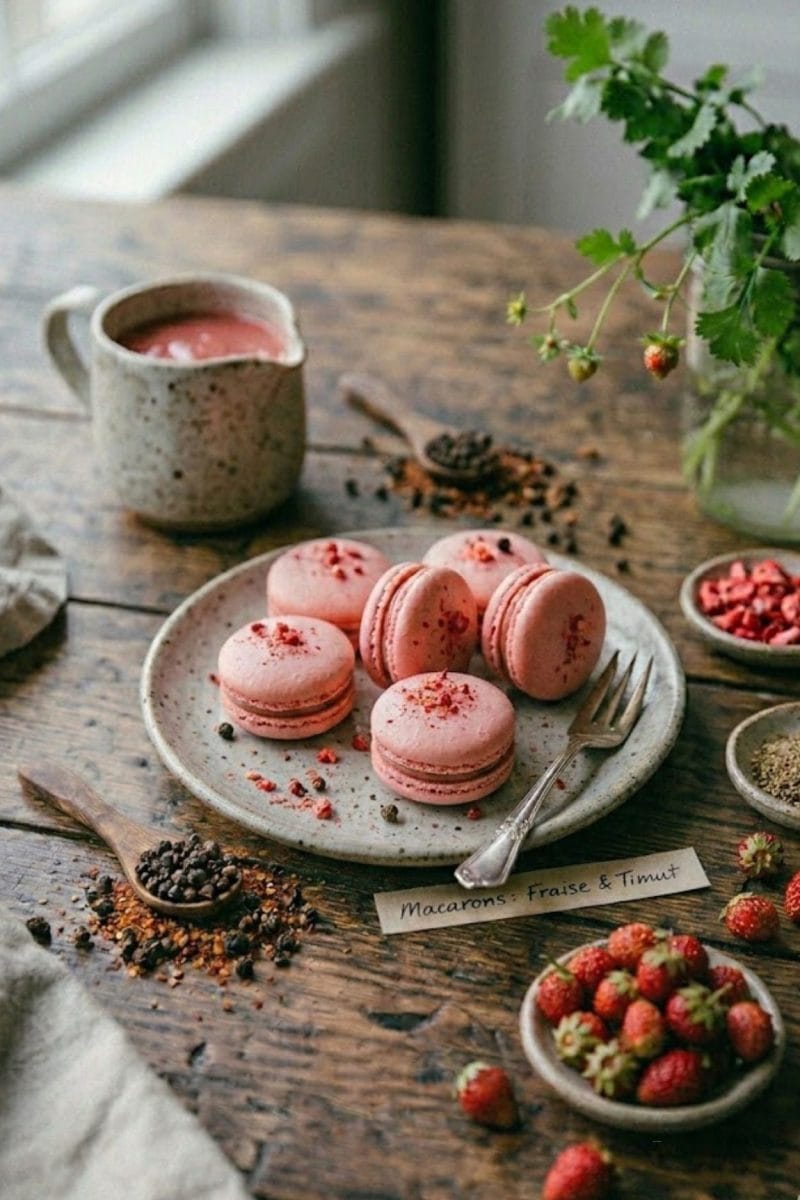 Macarons à la fraise et poivre timut Macarons à la fraise et poivre timut