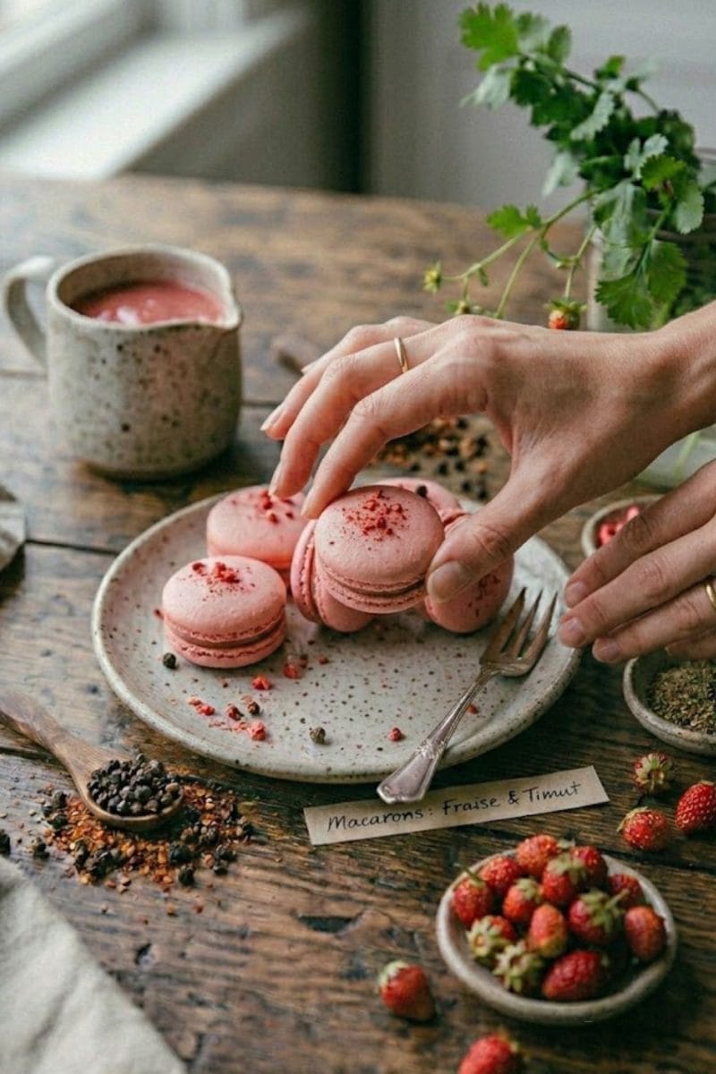 Macarons à la fraise et poivre timut Macarons à la fraise et poivre timut
