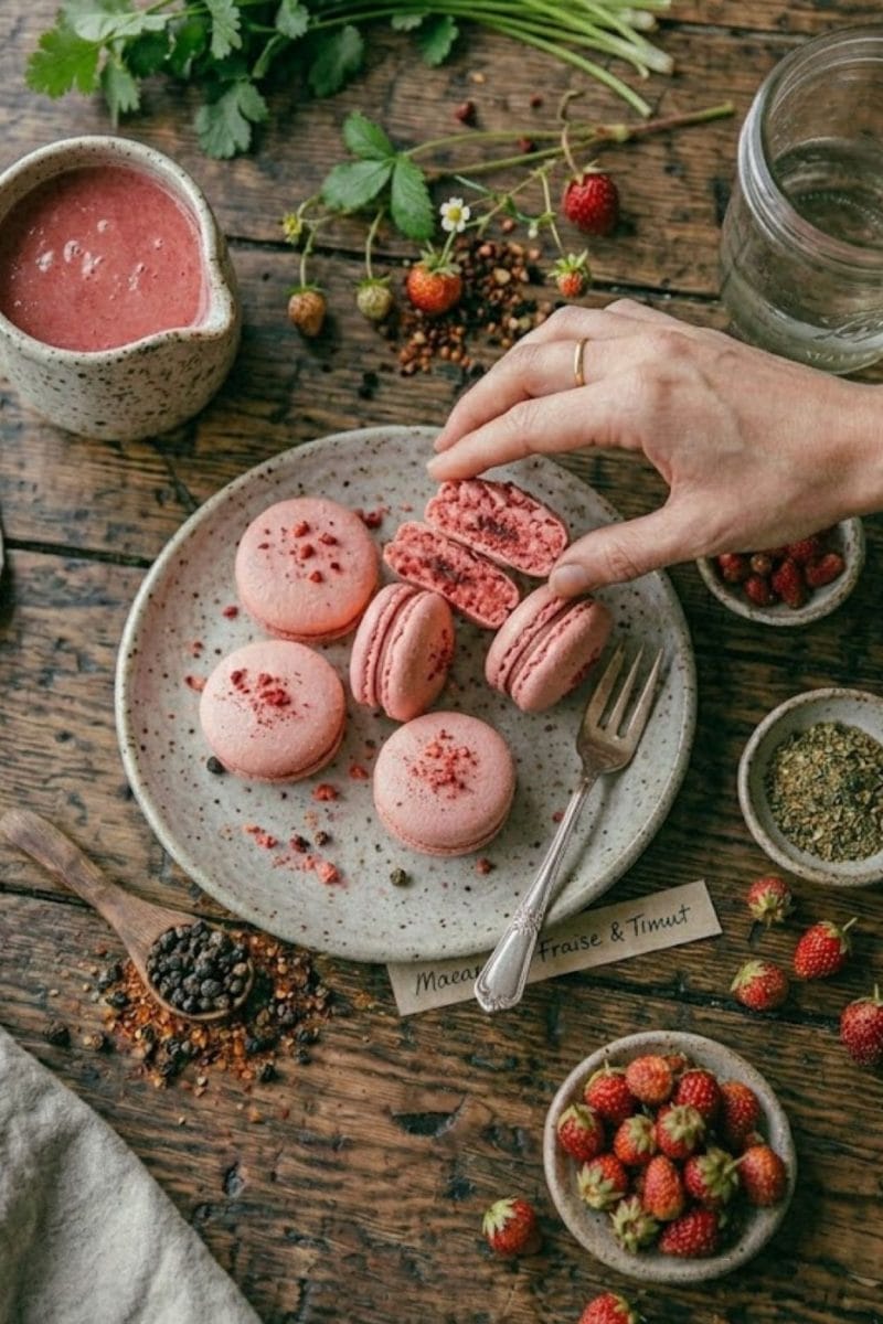 Macarons à la fraise et poivre timut Macarons à la fraise et poivre timut