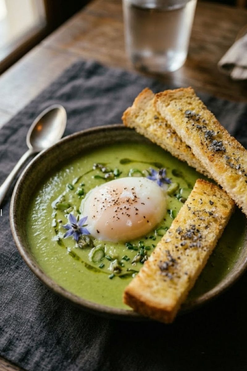 Oeuf parfait et crème d'asperges vertes Oeuf parfait et crème d'asperges vertes