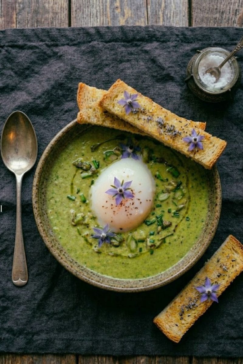 Oeuf parfait et crème d'asperges vertes Oeuf parfait et crème d'asperges vertes