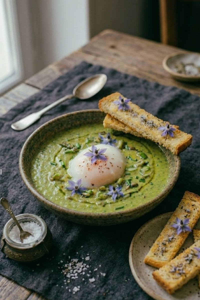 Oeuf parfait et crème d'asperges vertes Oeuf parfait et crème d'asperges vertes