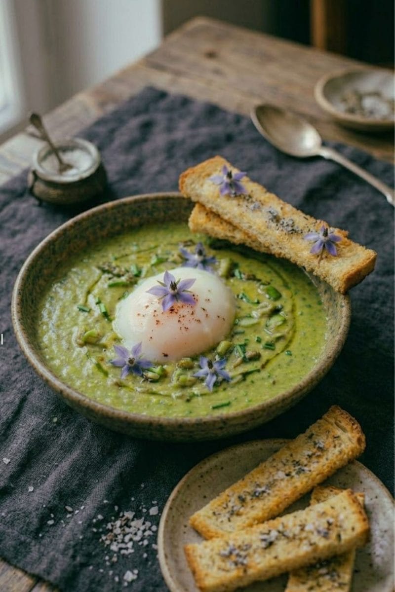 Oeuf parfait et crème d'asperges vertes Oeuf parfait et crème d'asperges vertes