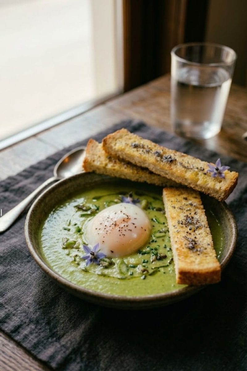 Oeuf parfait et crème d'asperges vertes Oeuf parfait et crème d'asperges vertes