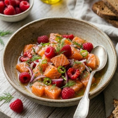 Ceviche de saumon aux framboises