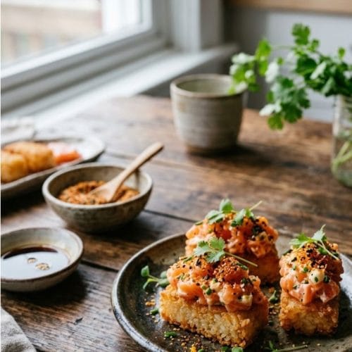 Crispy rice au saumon et shichimi togarashi