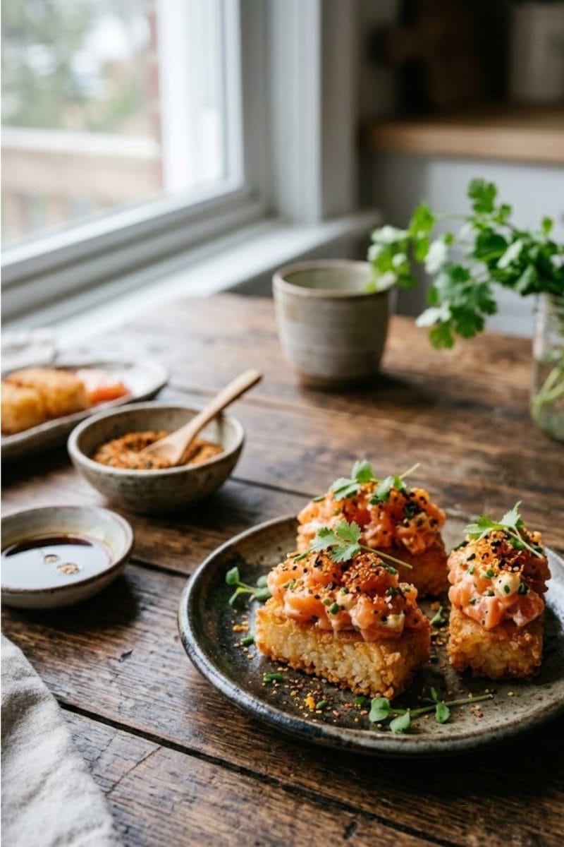 Crispy rice au saumon et shichimi togarashi Crispy rice au saumon et shichimi togarashi