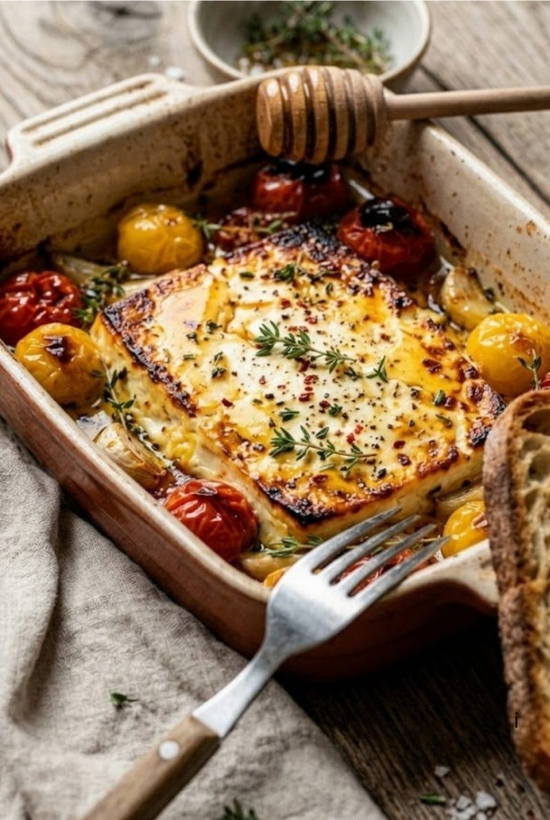 Feta rôtie au four au miel et thym Feta rôtie au four au miel et thym