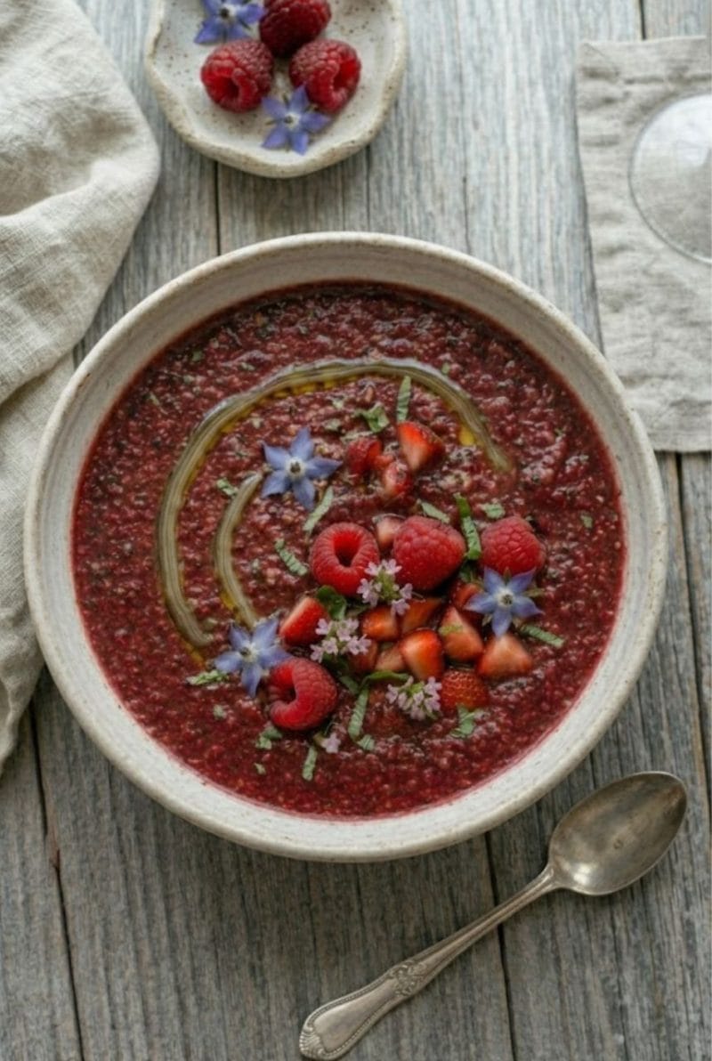 📌 L'astuce "Zéro Stress" Si votre gaspacho s'avère trop acide à cause de framboises un peu vertes, ne vous jetez pas sur le sucre blanc. Intégrez simplement un quart de poivron rouge épépiné et mixez à nouveau : la douceur du poivron corrigera l'acidité naturellement. Gaspacho de fruits rouges