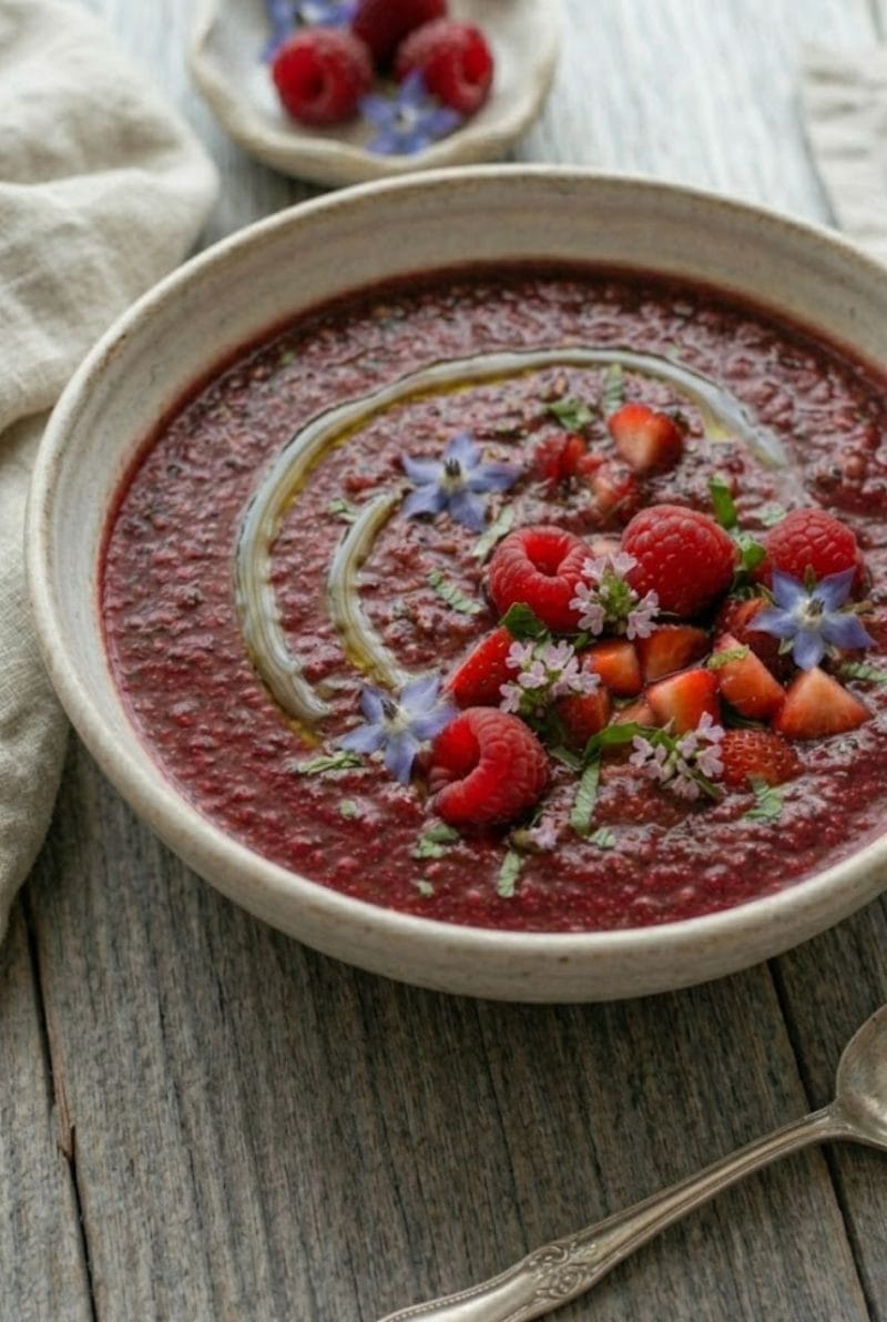 📌 L'astuce "Zéro Stress" Si votre gaspacho s'avère trop acide à cause de framboises un peu vertes, ne vous jetez pas sur le sucre blanc. Intégrez simplement un quart de poivron rouge épépiné et mixez à nouveau : la douceur du poivron corrigera l'acidité naturellement. Gaspacho de fruits rouges