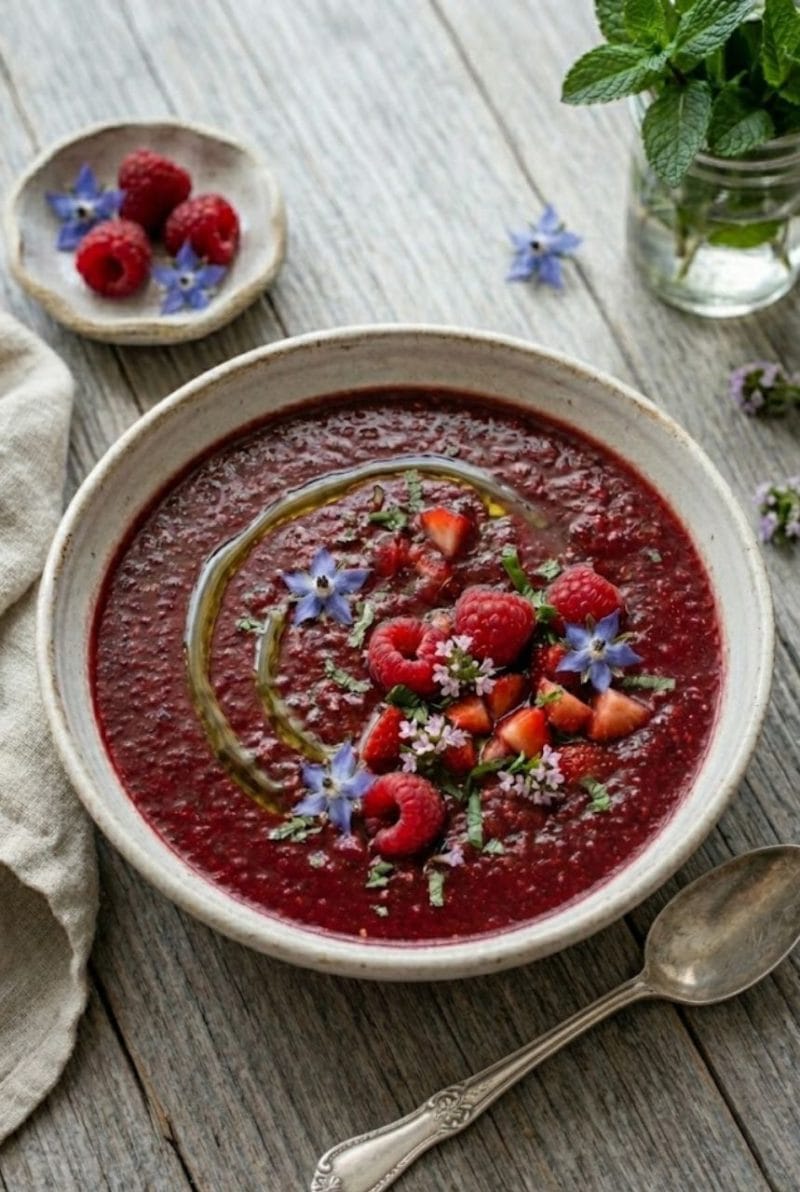 📌 L'astuce "Zéro Stress" Si votre gaspacho s'avère trop acide à cause de framboises un peu vertes, ne vous jetez pas sur le sucre blanc. Intégrez simplement un quart de poivron rouge épépiné et mixez à nouveau : la douceur du poivron corrigera l'acidité naturellement. Gaspacho de fruits rouges