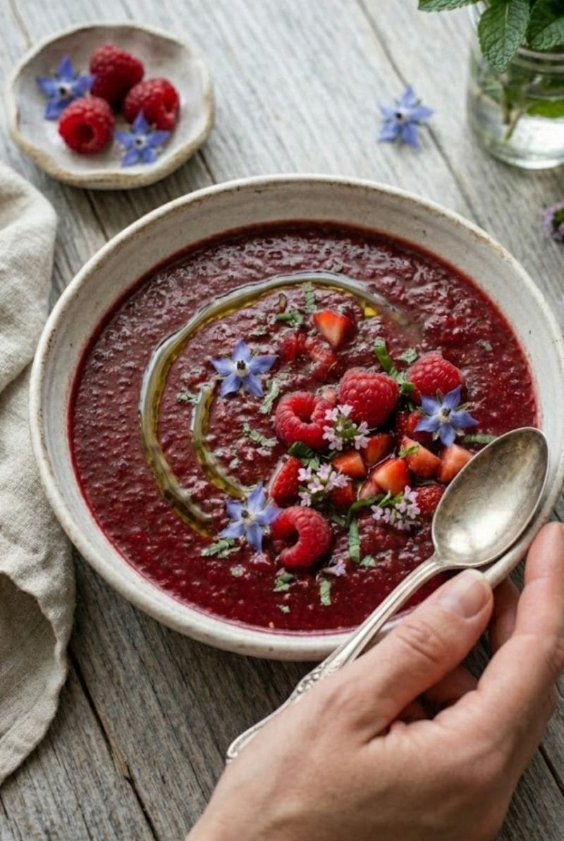 📌 L'astuce "Zéro Stress" Si votre gaspacho s'avère trop acide à cause de framboises un peu vertes, ne vous jetez pas sur le sucre blanc. Intégrez simplement un quart de poivron rouge épépiné et mixez à nouveau : la douceur du poivron corrigera l'acidité naturellement. Gaspacho de fruits rouges