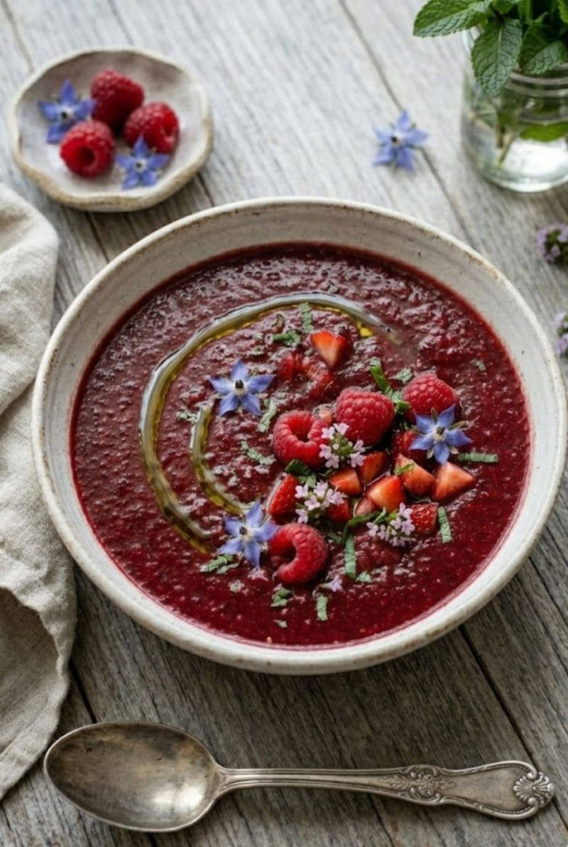 📌 L'astuce "Zéro Stress" Si votre gaspacho s'avère trop acide à cause de framboises un peu vertes, ne vous jetez pas sur le sucre blanc. Intégrez simplement un quart de poivron rouge épépiné et mixez à nouveau : la douceur du poivron corrigera l'acidité naturellement. Gaspacho de fruits rouges
