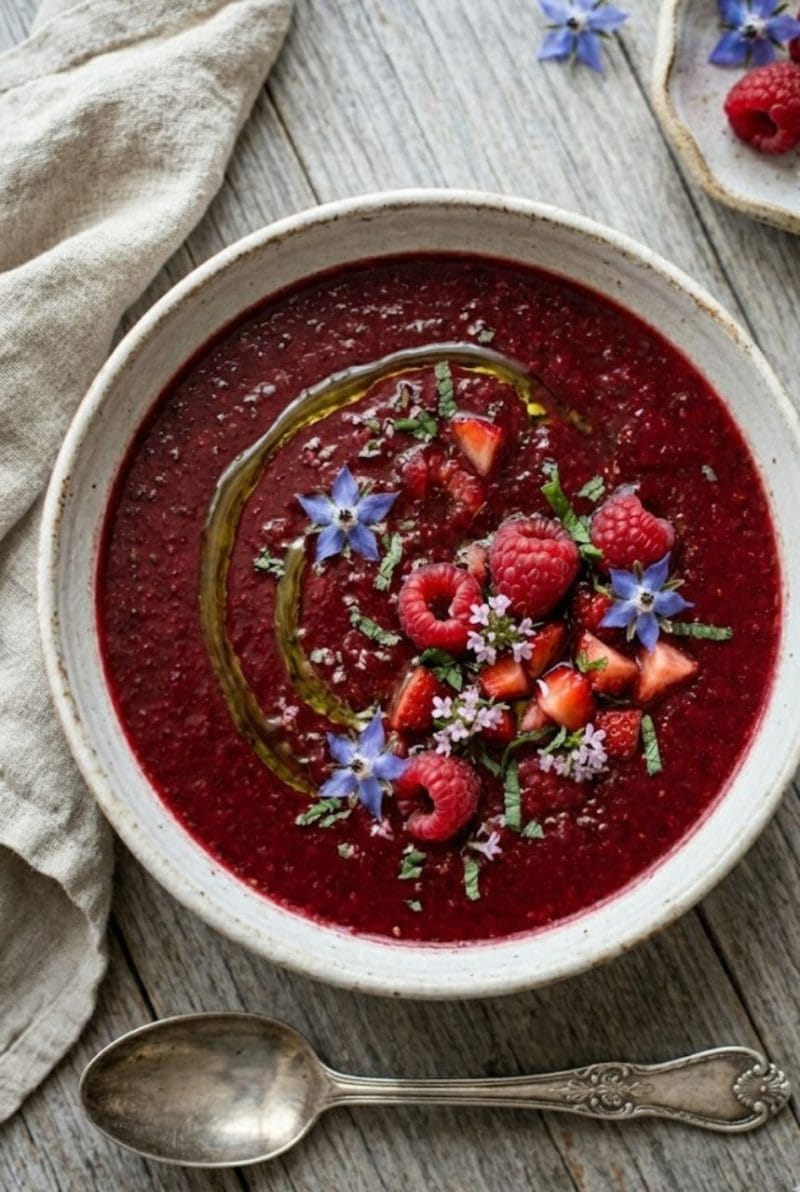 📌 L'astuce "Zéro Stress" Si votre gaspacho s'avère trop acide à cause de framboises un peu vertes, ne vous jetez pas sur le sucre blanc. Intégrez simplement un quart de poivron rouge épépiné et mixez à nouveau : la douceur du poivron corrigera l'acidité naturellement. Gaspacho de fruits rouges