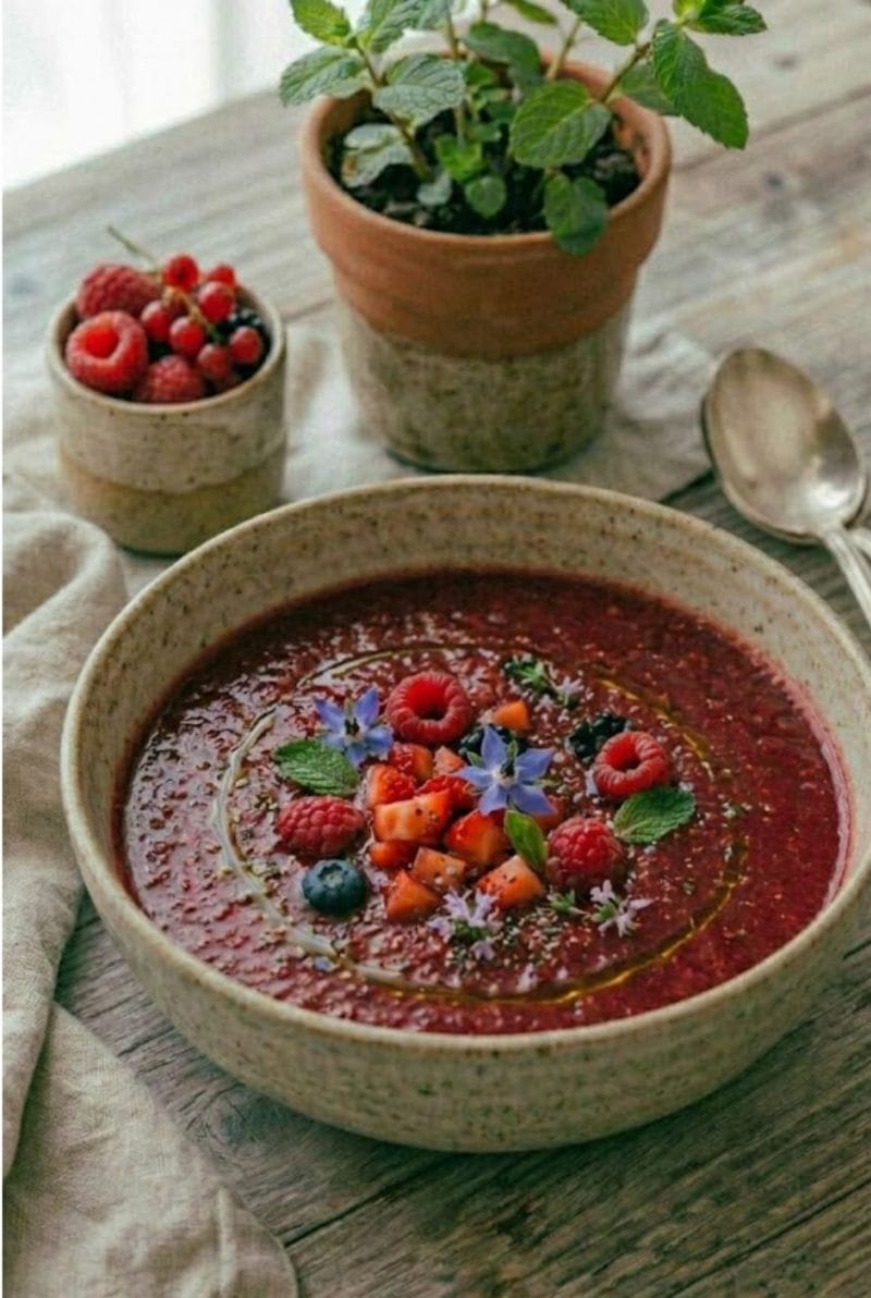 📌 L'astuce "Zéro Stress" Si votre gaspacho s'avère trop acide à cause de framboises un peu vertes, ne vous jetez pas sur le sucre blanc. Intégrez simplement un quart de poivron rouge épépiné et mixez à nouveau : la douceur du poivron corrigera l'acidité naturellement. Gaspacho de fruits rouges