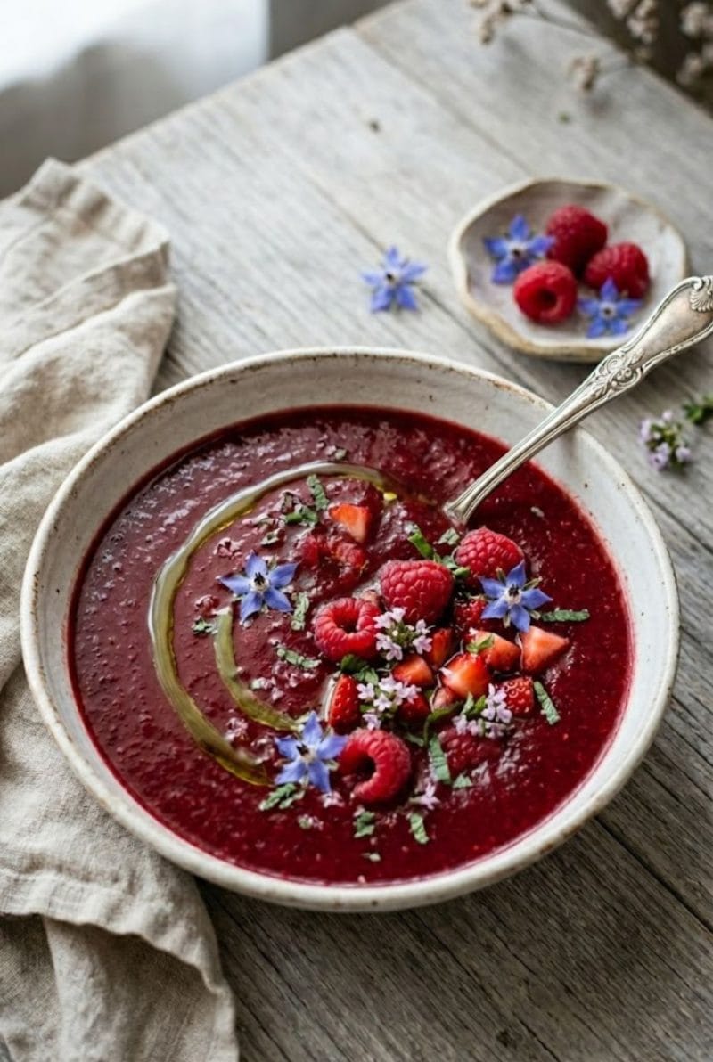 📌 L'astuce "Zéro Stress" Si votre gaspacho s'avère trop acide à cause de framboises un peu vertes, ne vous jetez pas sur le sucre blanc. Intégrez simplement un quart de poivron rouge épépiné et mixez à nouveau : la douceur du poivron corrigera l'acidité naturellement. Gaspacho de fruits rouges