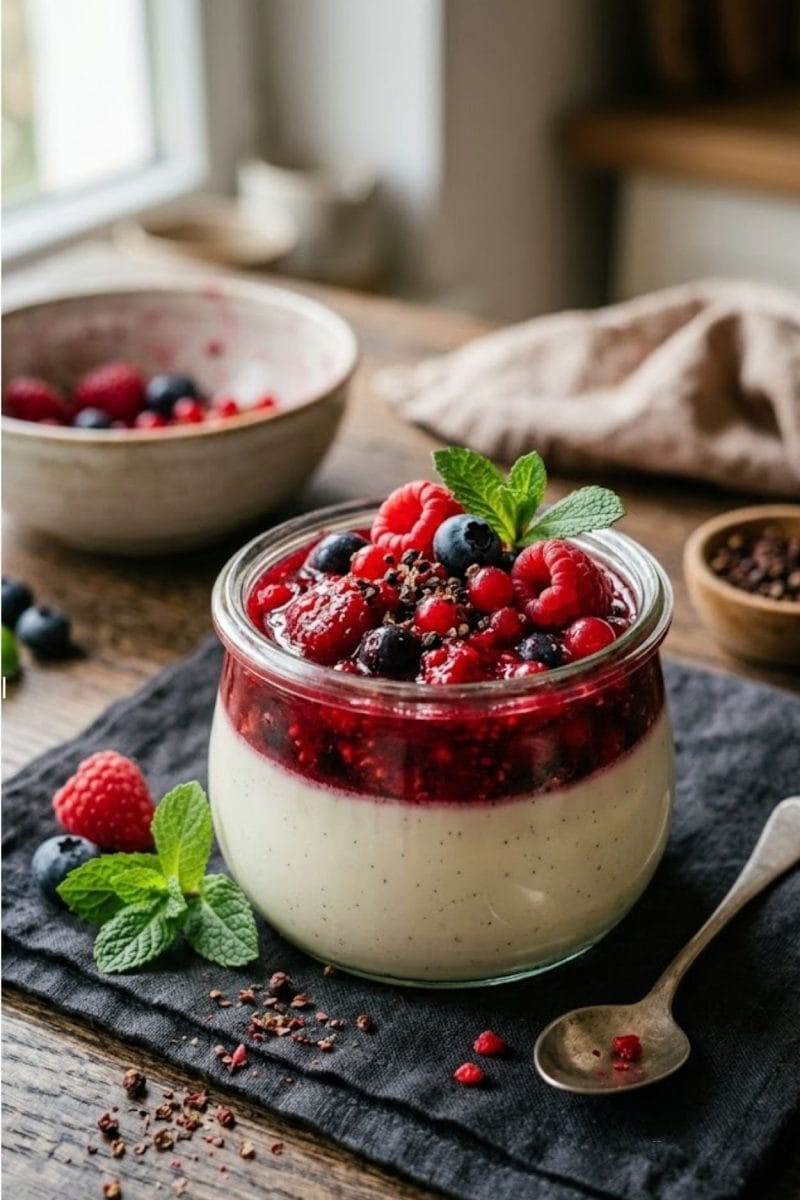 Panna cotta aux fruits rouges et poivre Timut Panna cotta aux fruits rouges et poivre Timut
