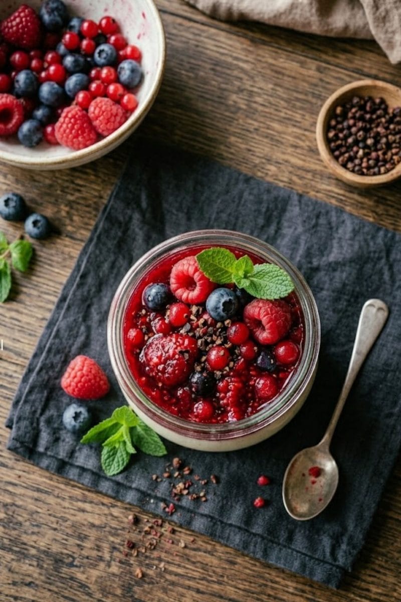 Panna cotta aux fruits rouges et poivre Timut Panna cotta aux fruits rouges et poivre Timut