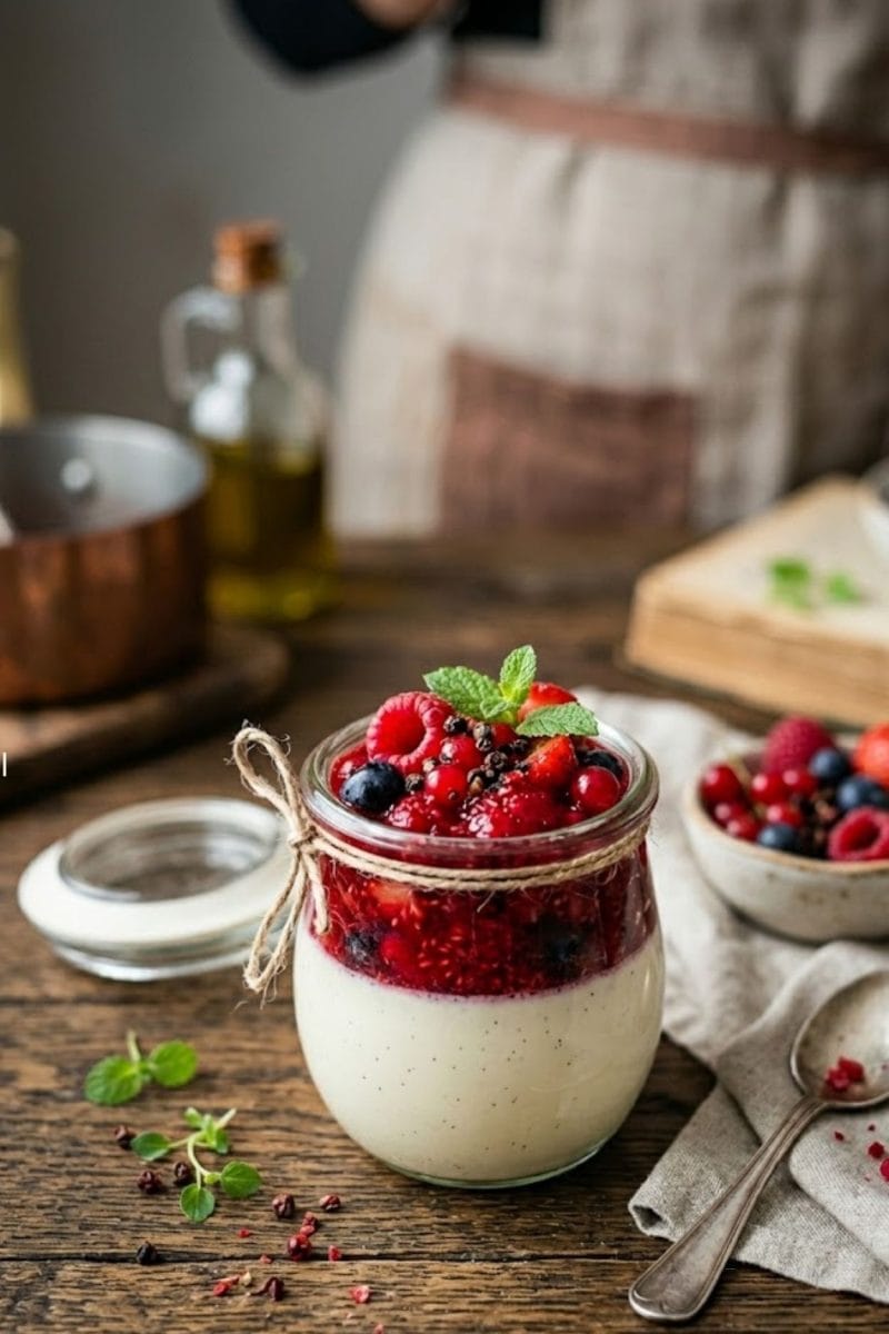 Panna cotta aux fruits rouges et poivre Timut Panna cotta aux fruits rouges et poivre Timut