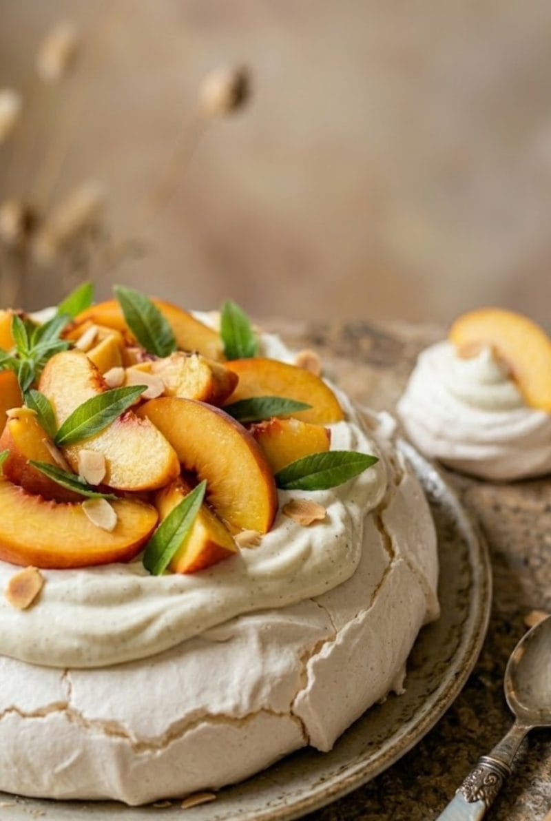 Pavlova aux pêches et verveine pavlova aux pêches