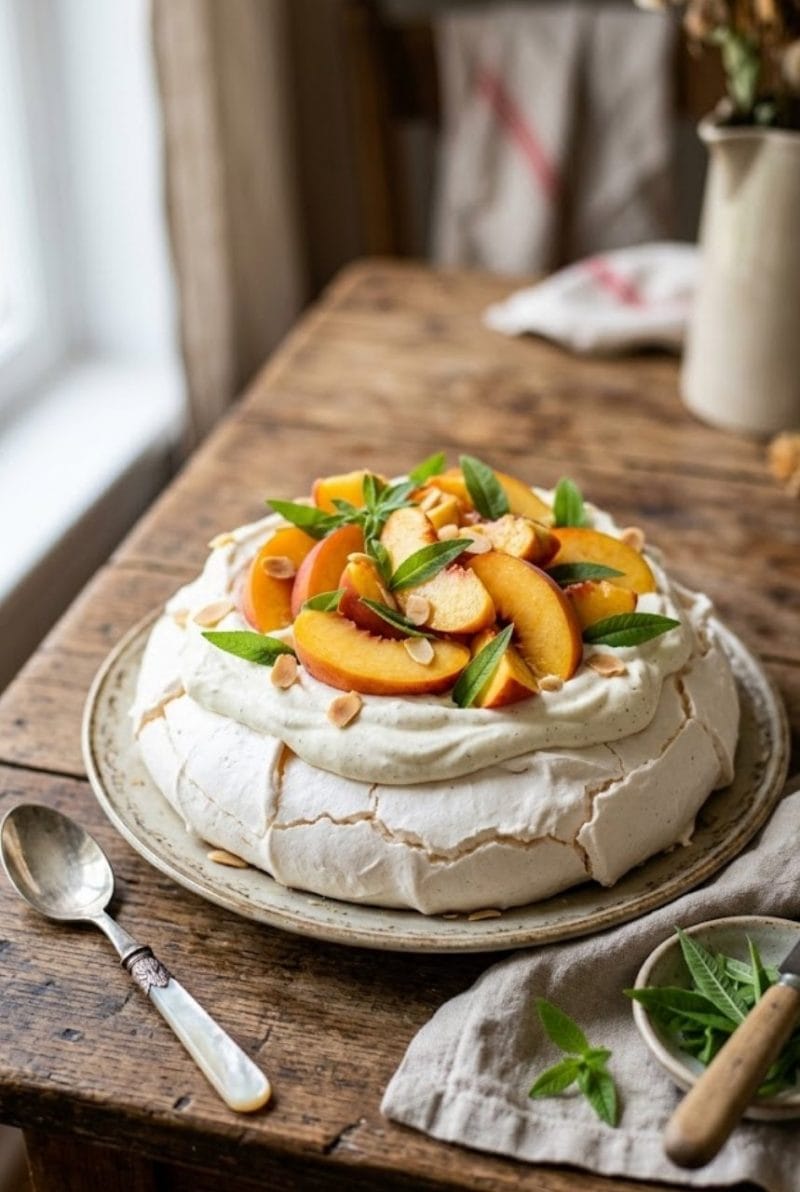 Pavlova aux pêches et verveine pavlova aux pêches