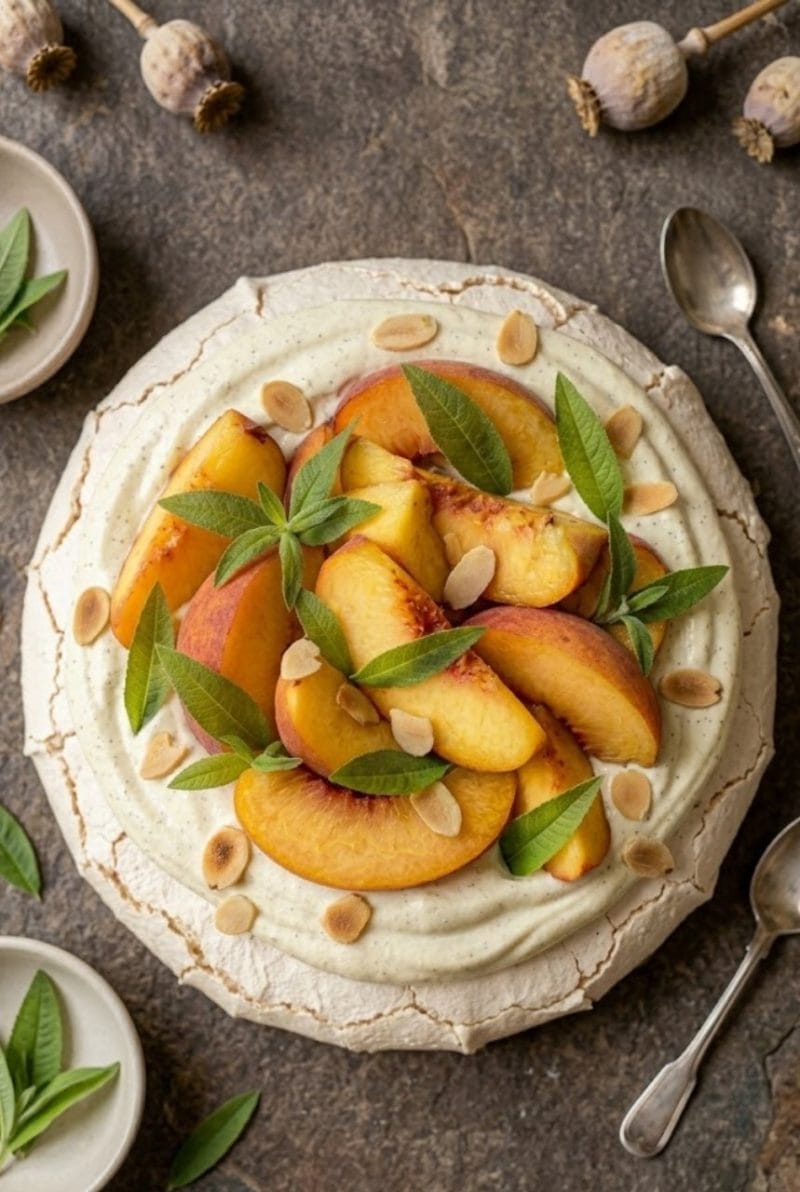 Pavlova aux pêches et verveine pavlova aux pêches