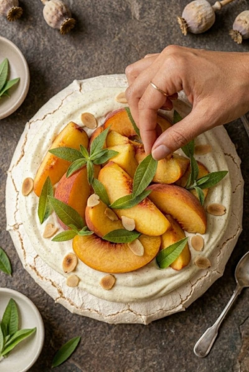 Pavlova aux pêches et verveine pavlova aux pêches