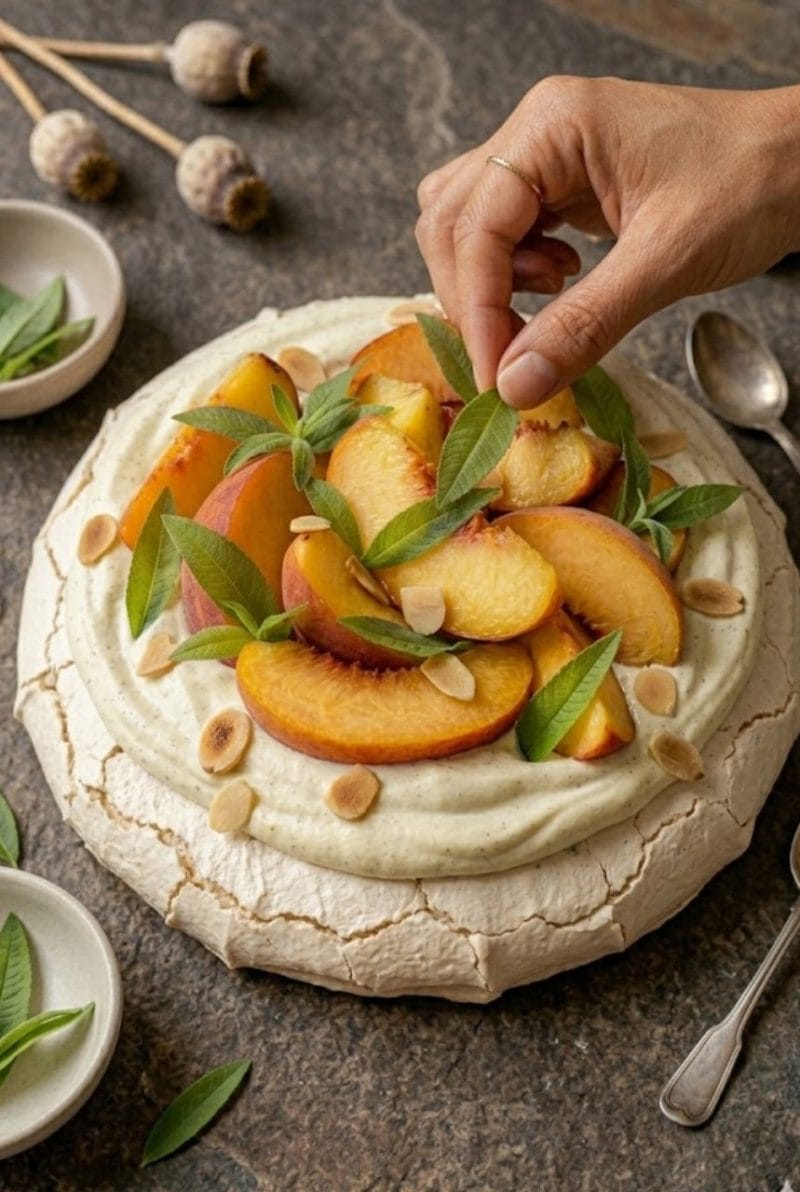 Pavlova aux pêches et verveine pavlova aux pêches