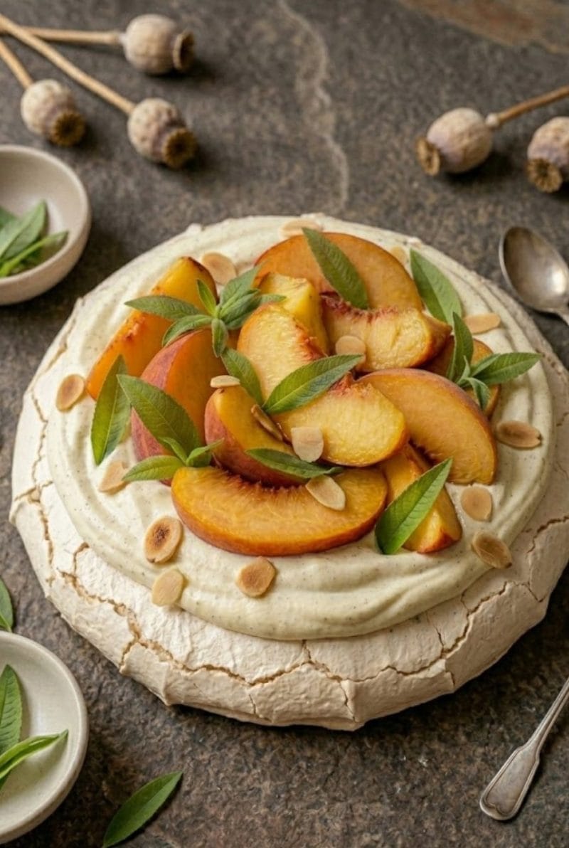 Pavlova aux pêches et verveine pavlova aux pêches