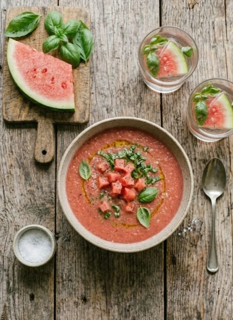 soupe froide de pastèque au basilic