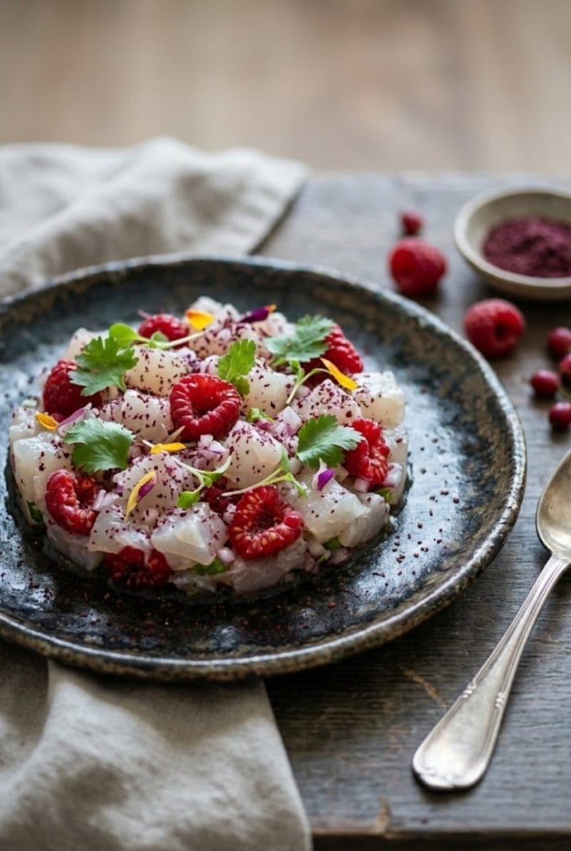 Tartare de daurade aux framboises et sumac