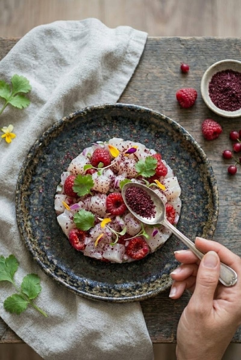 Tartare de daurade aux framboises et sumac