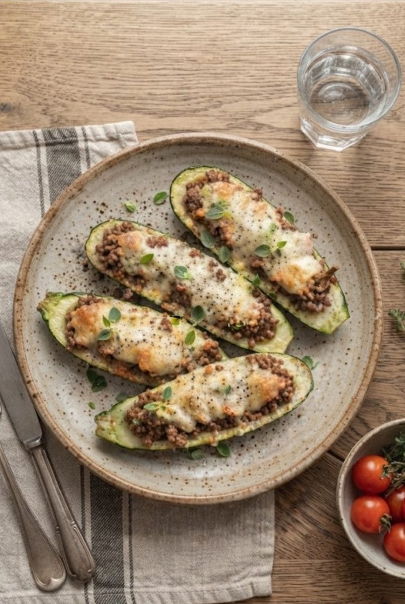 Courgettes farcies à la viande hachée et origan Courgettes farcies à la viande hachée