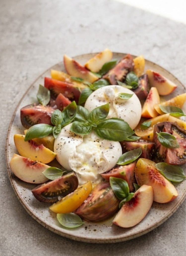 Salade de tomates et burrata aux pêches