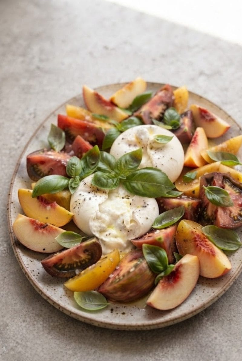 Salade de tomates et burrata aux pêches Salade de tomates et burrata aux pêches