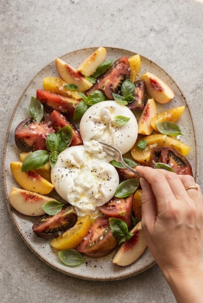 Salade de tomates et burrata aux pêches Salade de tomates et burrata aux pêches