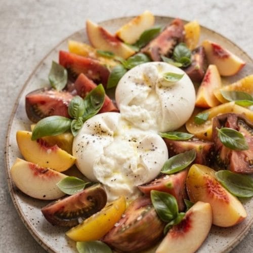 Salade de tomates et burrata aux pêches