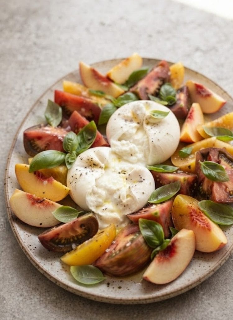 Salade de tomates et burrata aux pêches