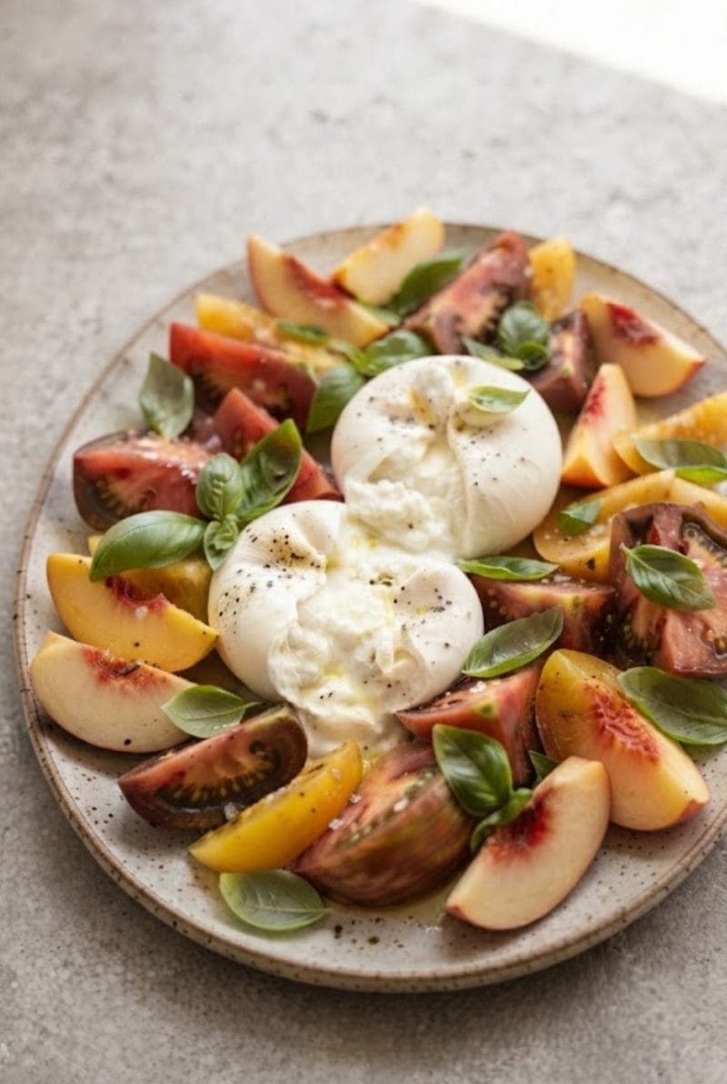 Salade de tomates et burrata aux pêches Salade de tomates et burrata aux pêches