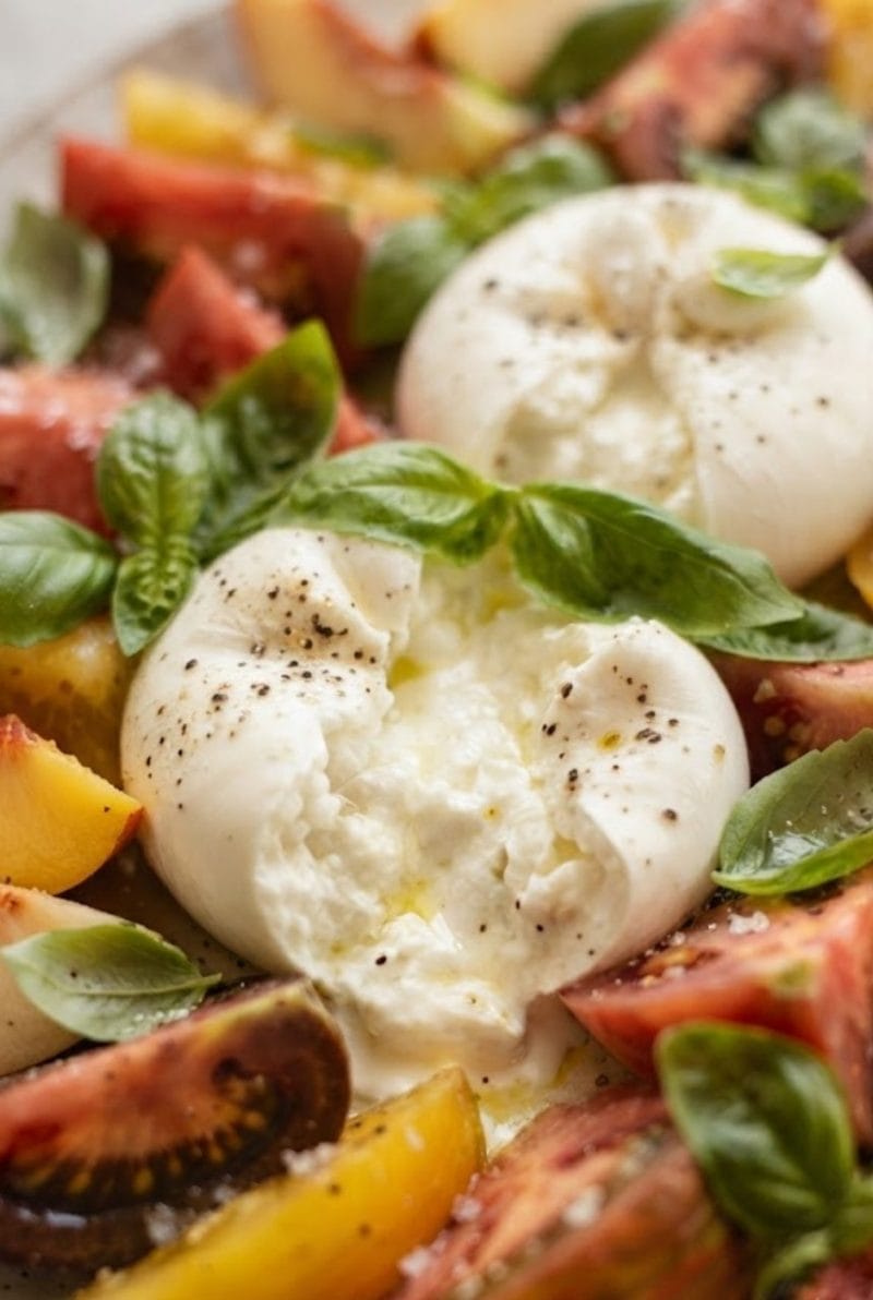 Salade de tomates et burrata aux pêches Salade de tomates et burrata aux pêches