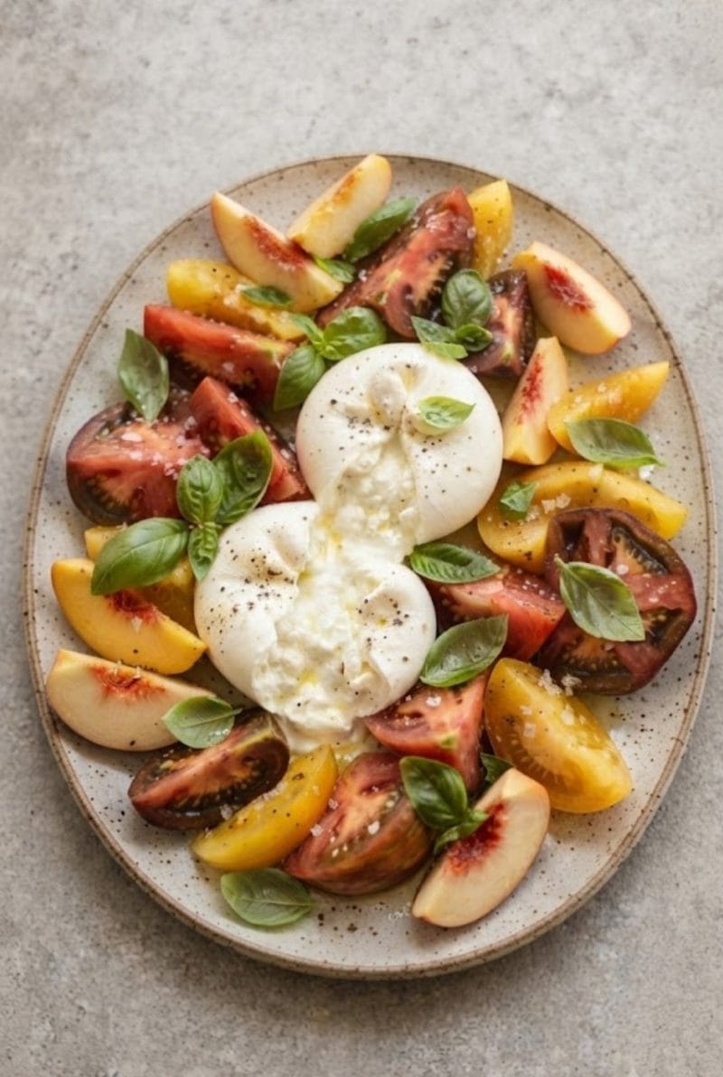 Salade de tomates et burrata aux pêches Salade de tomates et burrata aux pêches