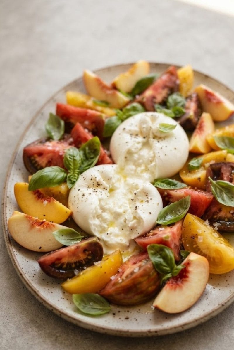 Salade de tomates et burrata aux pêches Salade de tomates et burrata aux pêches