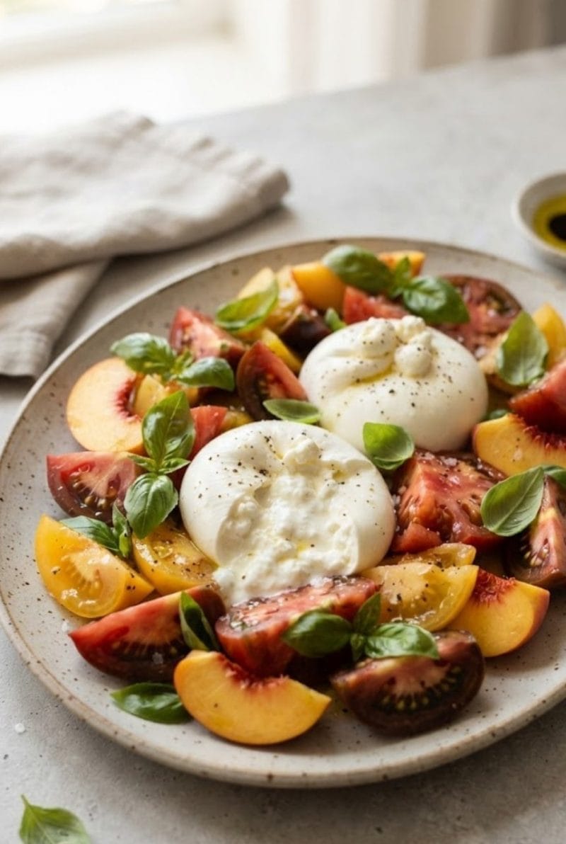 Salade de tomates et burrata aux pêches Salade de tomates et burrata aux pêches