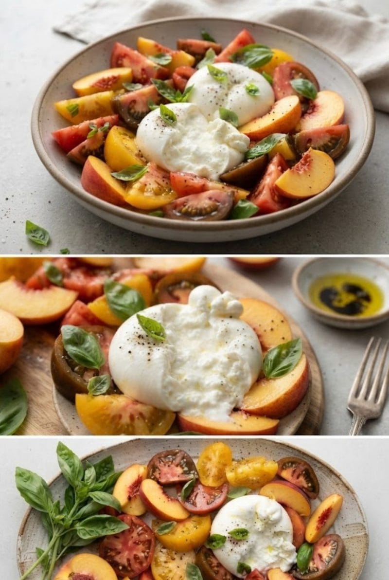 Salade de tomates et burrata aux pêches Salade de tomates et burrata aux pêches