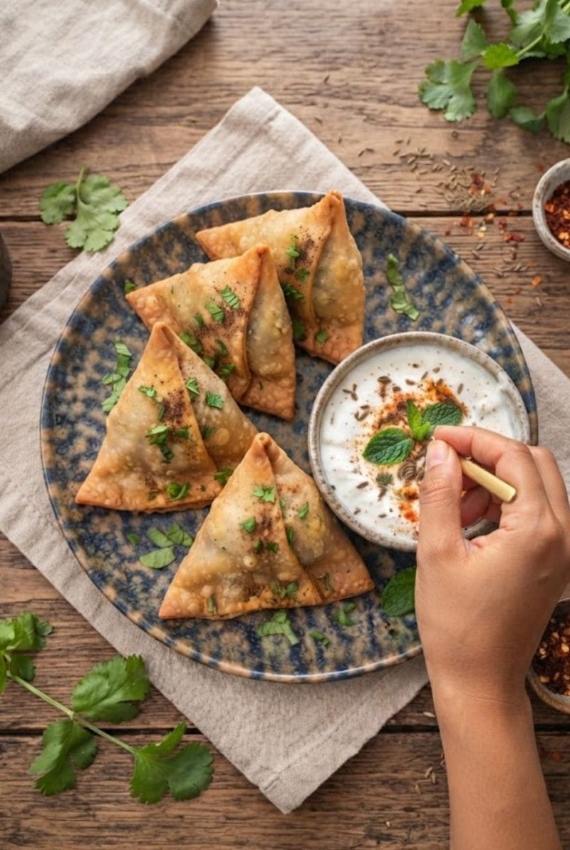 Samossas aux légumes, sauce yaourt au cumin Samossas aux légumes, sauce yaourt au cumin
